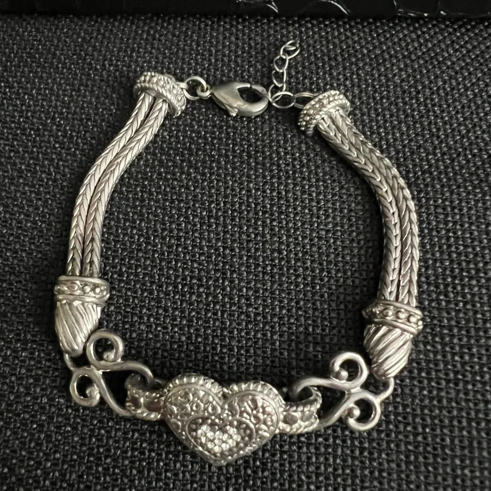 Lia Sophia Silver Tone Rhinestone Filigree Heart Bracelet 7.5-9 In Whimsigoth